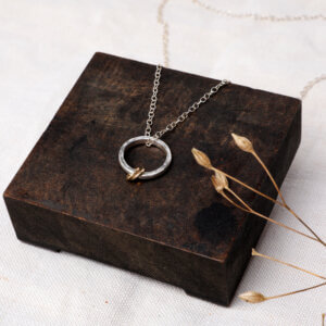 Hammered silver necklace with gold rings