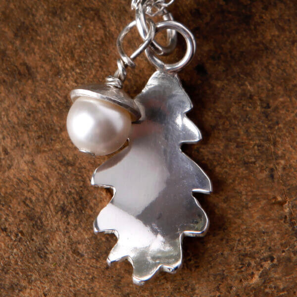 oak leaf and pearl acorn silver necklace