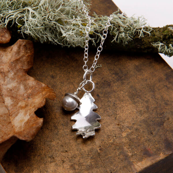 oak leaf and pearl acorn silver necklace