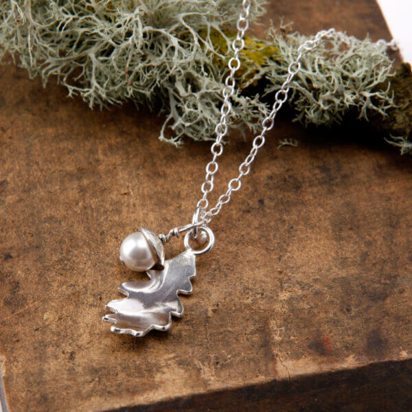 oak leaf and pearl acorn silver necklace