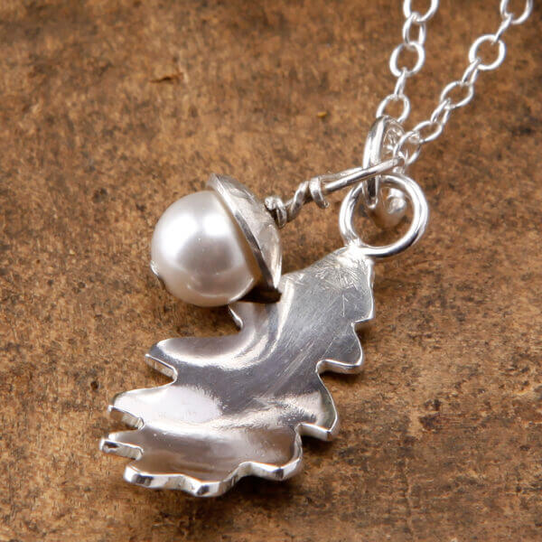 oak leaf and pearl acorn silver necklace